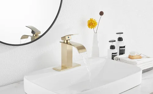 Miniatura 7 de Grifo de baño dorado cepillado GGStudy Waterfall Grifo de fregadero de baño Montaje en cubierta de una sola manija Grifo de tocador de baño