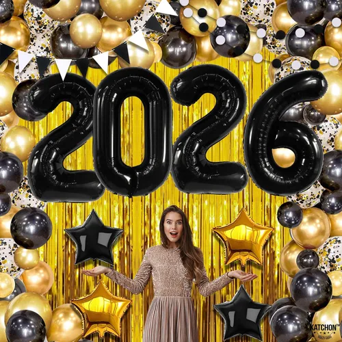 Miniatura 5 de KatchOn, Juego de decoraciones de Año Nuevo 2026, enorme, paquete de 85 Globo de estrellas negras y doradas, telón de fondo de cortina con flecos