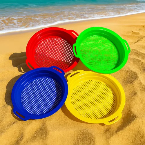 Skylety Juego de 4 tamices de arena para playa de 9.75 x 8.75 pulgadas, color rojo, azul, amarillo, verde, juego de regalo para excavar y recoger