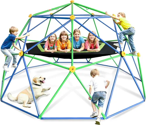 Escalador de cúpula geométrica de 10 pies para niños de 3 a 12 años, resistente capacidad de 1000 libras, gimnasio de selva con hamaca y agarres de