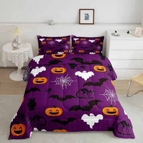 Miniatura 15 de Erosebridal Juego de ropa de cama de murciélago de Halloween, tamaño individual, juego de edredón de estrellas con purpurina y galaxia para niños