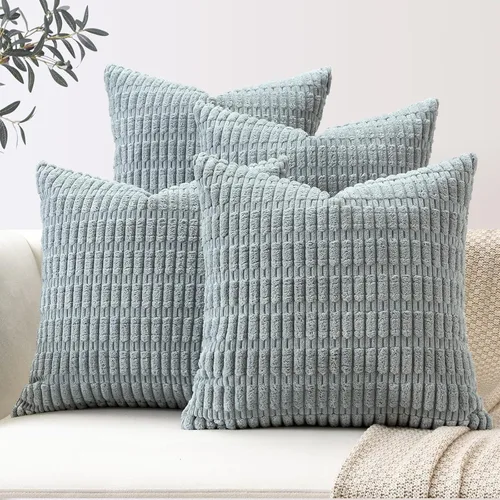Miniatura 24 de OTOSTAR Juego de 4 fundas de almohada decorativas de pana suave de 16 x 16 pulgadas, fundas de almohada cuadradas a rayas bohemias para decoración