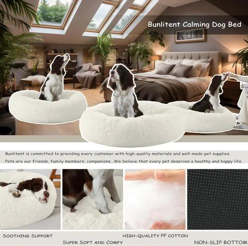 Miniatura 2 de Bunlitent Cama para perro de 23 pulgadas, cama calmante antiansiedad para perros pequeños, cama de dona, cálida, acogedora, suave, linda, redonda