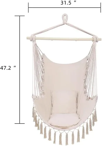 Miniatura 5 de Silla colgante hamaca – Asiento columpio de cuerda de algodón – máximo 250 libras – 2 cojines incluidos – para interior y exterior, dormitorio, Beige