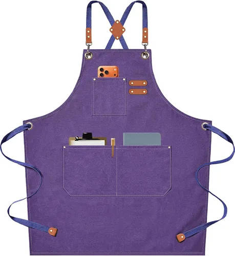 Delantales de chef AFUN para hombres y mujeres con bolsillos grandes, delantal de trabajo ajustable de lona de algodón con espalda cruzada Púrpura