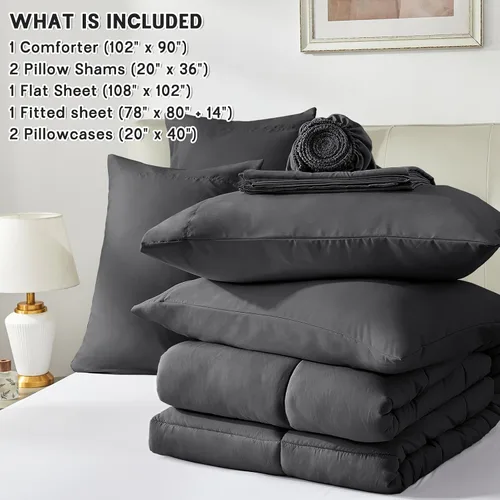 Miniatura 7 de Anluoer Juego de edredón de cama tamaño King en una bolsa de 7 piezas, color gris oscuro con sábanas, juegos de ropa de cama para todas las Gris