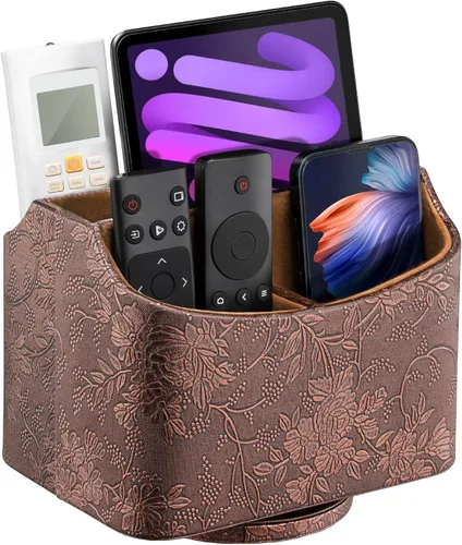 LAMOTI Leather 360 Spinning TV Remote Caddy - Organizador de escritorio de 5 compartimentos para controles remotos universales, teléfonos, tabletas,