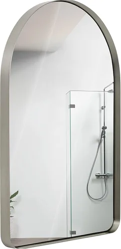 Miniatura 7 de Hamilton Hills - Espejo de pared de metal cepillado contemporáneo Panel de cristal negro enmarcado con esquina redondeada y diseño profundo
