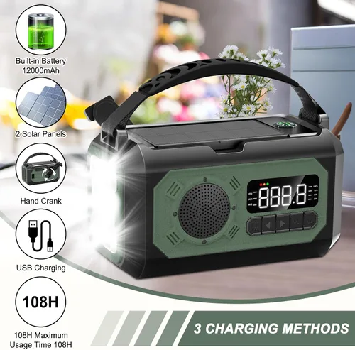 Miniatura 4 de Radio de emergencia de 12000 mAh, radio portátil de alerta meteorológica AM/FM/NOAA, manivela con linterna, lámpara de lectura, alarma SOS, cargador