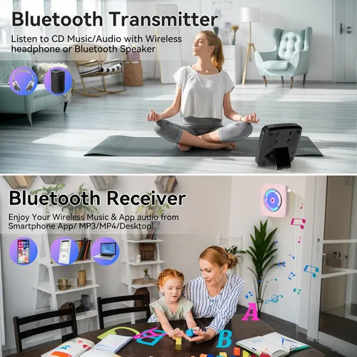 Miniatura 3 de Reproductor de CD portátil con Bluetooth recargable: reproductores de CD para el hogar con 1800mAh Kegaudio de escritorio, reproductor de CD de Negro