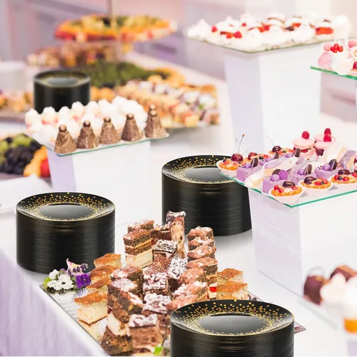 Miniatura 5 de Hsei 100 platos de plástico negros y dorados a granel desechables para Halloween, platos redondos de postre para cenas, bodas, cumpleaños, Navidad