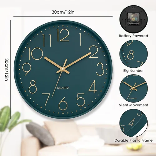Miniatura 4 de Reloj de pared Lumuasky, moderno, analógico, silencioso, sin tictac, decorativo, de esmeralda, funciona con pilas, para escuela, oficina, aula, Verde