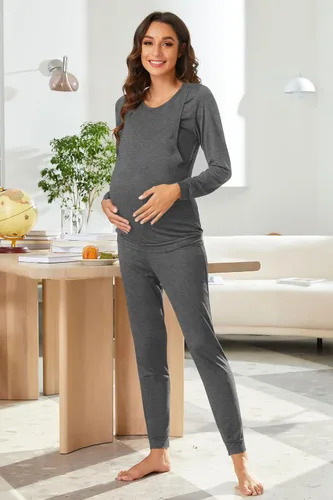 Miniatura 3 de Ekouaer Conjunto de ropa interior térmica de maternidad y lactancia, conjunto de pantalones largos de punto a rayas, capa base superior e inferior