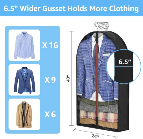 Miniatura 2 de Bolsas de ropa Gussetes de 6.5 pulgadas para colgar ropa, almacenamiento en el armario, trajes de 40 pulgadas con cremallera, bolsa de ropa colgante