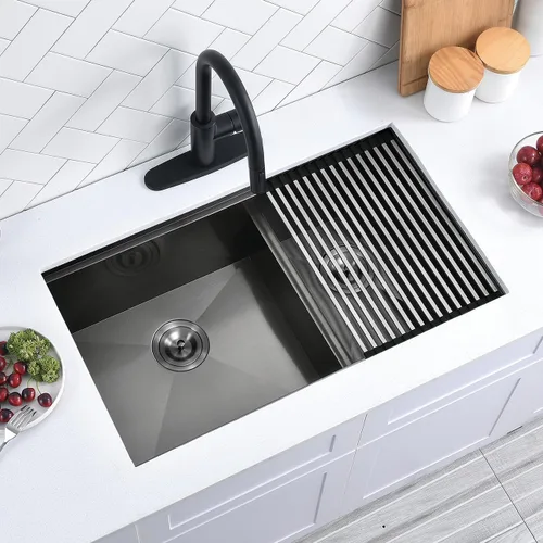 Miniatura 4 de Scamall - Fregadero de cocina doble de 32 pulgadas de montaje bajo encimera color negro, 32 x 19 x 10 pulgadas, acero inoxidable 304 calibre 16