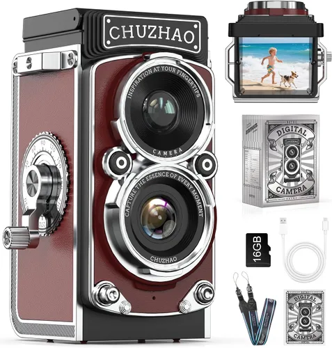 Miniatura 9 de Cámara digital retro de Chuzhao, cámara vintage portátil estilo TLR de doble lente, 12MP con enfoque automático, 1080P FHD, cámara de apuntar