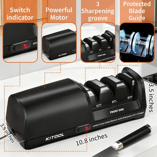 Miniatura 5 de Afilador de cuchillos eléctrico, afilador de 3 etapas de doble cara con abrasivos 100% de diamante, bajo ruido y control inteligente de temperatura
