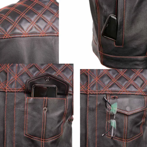 Miniatura 9 de Milwaukee Leather MLM3526 Men's Black 'Paisley' Accented Red Stitching Leather Vest – w/Armhole Trim Open Collar Design
