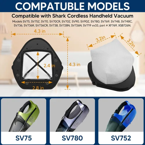 Miniatura 2 de Paquete de 6 filtros de repuesto para aspiradora de mano inalámbrica Shark SV780 SV75Z SV728N SV726N, en comparación con el número de pieza XF769