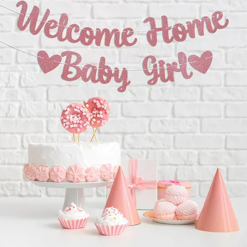 Miniatura 5 de Cartel de bienvenida a casa para bebé, decoración rosa para baby shower, revelación de género, decoración interior y exterior, purpurina dorada rosa