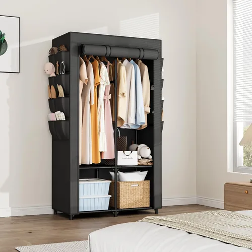 Miniatura 8 de Armario portátil para colgar ropa, armario portátil con tapa, 4 estantes de almacenamiento, 2 varillas para colgar y 8 bolsillos laterales, fácil