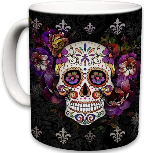 Sweet Gisele Taza de cerámica de calavera de azúcar, taza de café con estampado floral, diseño del Día de los Muertos, hermosos colores vivos, gran