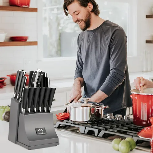 Miniatura 6 de NF NANFANG BROTHERS Juego de Cuchillos de Cocina de Damasco, 15 Piezas con Bloque, Mango Ergonómico ABS, Tenedor de Trinchar, Juego de Bloque