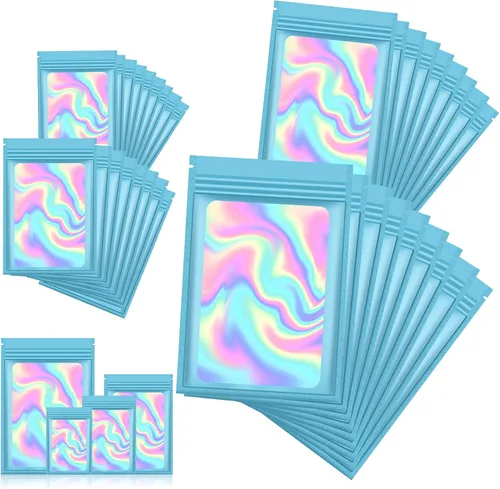 Miniatura 33 de 120 bolsas de tereftalato de polietileno a prueba de olores, bolsa de embalaje holográfica resellable con ventana transparente para alimentos