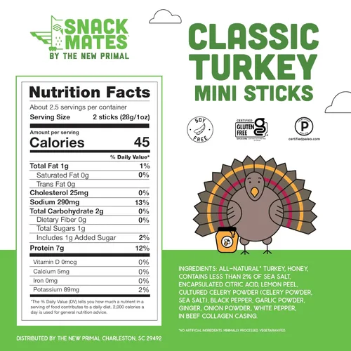 Miniatura 2 de The New Primal Snack Mates - Palitos de pavo, bocadillos saludables sin gluten para niños, aperitivos bajos en azúcar y alto en proteínas, mini