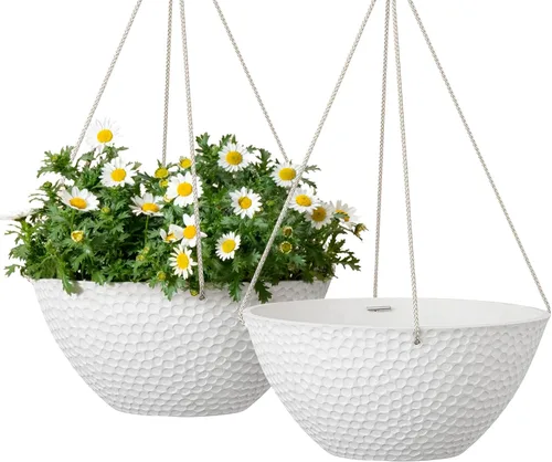 Miniatura 9 de LA JOLIE MUSE Macetas colgantes de 10 pulgadas para plantas de interior, macetas de jardín al aire libre, color blanco, panal de abeja, juego de 2