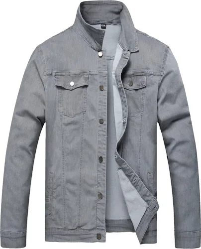 Miniatura 21 de LAMKUKU Chaqueta de mezclilla para hombre rasgada ajustada, abrigo de chaqueta vaquera para hombres