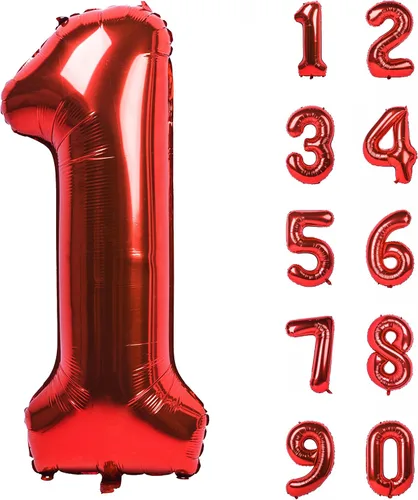 Miniatura 57 de Globo gigante de helio de 40 pulgadas, número 0 rojo, de poliéster, película de aluminio, 0-9, para niña y niño, autoinflable, dígito cero