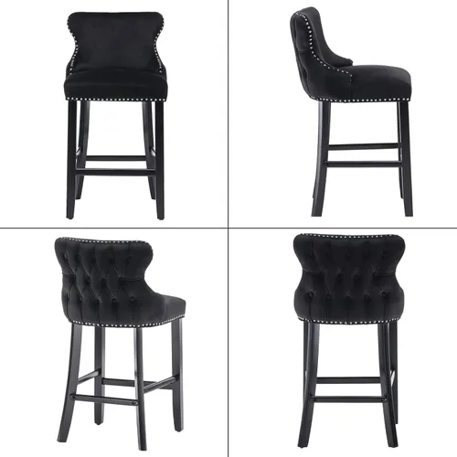 Miniatura 5 de mikibama Juego de 2 taburetes de bar de terciopelo con respaldo de ala, sillas de bar tapizadas con botones capitoné con altura de mostrador
