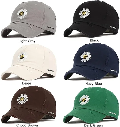 Miniatura 9 de Flipper Gorra de béisbol con diseño de margaritas de algodón lavado sin estructura, diseño de cara sonriente