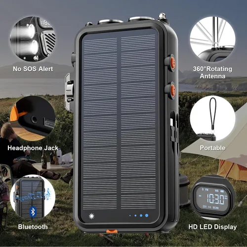 Miniatura 7 de Radio de emergencia y banco de energía solar de 22000 mAh, radio meteorológica FM NOAA, radio portátil con manivela Bluetooth, cargador de teléfono