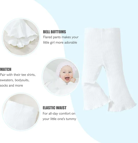 Miniatura 3 de SOBOWO Pantalones acampanados para bebé, paquete de 3 unidades para niña pequeña, color liso, acanalado, con volantes, pantalones acampanados