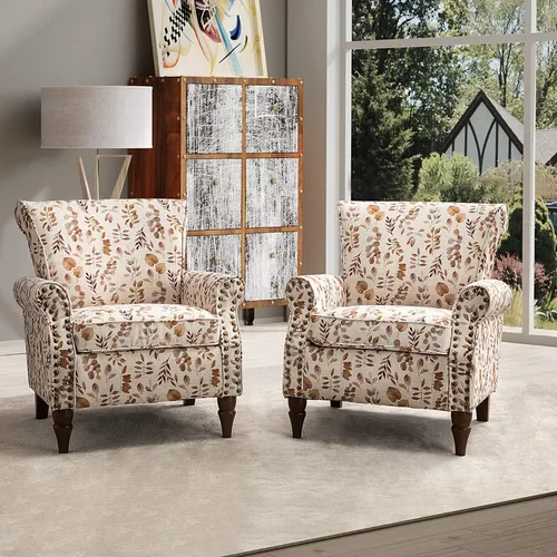 Miniatura 12 de HULALA HOME Silla moderna con respaldo de alas con patas de madera y cojín extraíble, cómodo sillón tapizado con ribete de cabeza de clavo, sofá