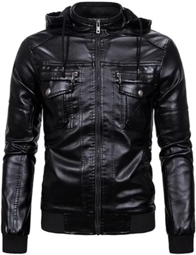 Chaqueta de cuero de los hombres Invierno Vintage Cremallera Sudadera Color Imitación Cuero Abrigo