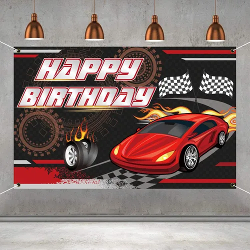 Telón de fondo de cumpleaños de carreras de autos (5.9 x 3.7 pies), pancarta de tela gruesa a las arrugas, para cabina de fotos para niños, fiesta