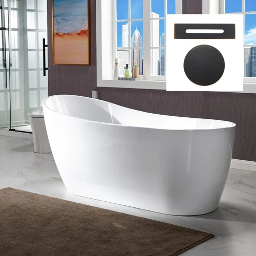 Miniatura 20 de WOODBRIDGE Drenaje y desbordamiento de bañera de remojo acílico blanco independiente de 67 pulgadas, BTA1508-B/N-Drain &O, con secado de níquel