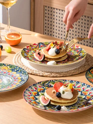 Miniatura 7 de Henten Home Juego de 6 platos de postre de cerámica, platos de ensalada de porcelana de 8.5 pulgadas, coloridos platos de estilo bohemio