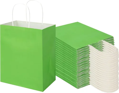Toovip Paquete de 100 Bolsas de Papel Kraft Verde Hierba Medianas de 8 x 4.75 x 10 Pulgadas con Asas a Granel, Bolsas de Envolver Regalos para