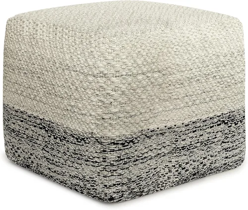 SIMPLIHOME Macie Boho - Puf cuadrado tejido para exteriores/interiores en poliéster PET reciclado gris y blanco para sala de estar, dormitorio y