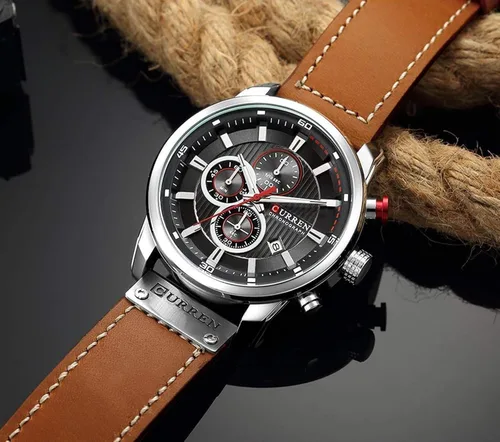 Miniatura 3 de Reloj deportivo con cronógrafo para hombre, correa de cuero marrón, reloj de cuarzo, reloj de pulsera casual para hombre, Completo negroacero.