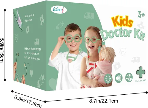 Miniatura 8 de Liberry Kit médico para niños pequeños de 3, 4, 5 años, 30 piezas de juguete médico con estetoscopio, disfraz, juego médico verde, regalo
