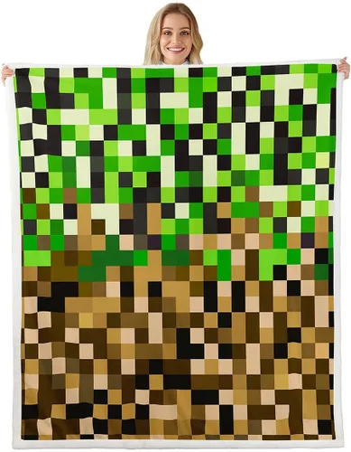 Miniatura 35 de Manfei Miner Style Grid Throw Blanket Green Pixel Shade Plaid Fleece Blanket Modern Geometric Games Cozy Throws for Bed Couch Sofa,Kids Boys Girls