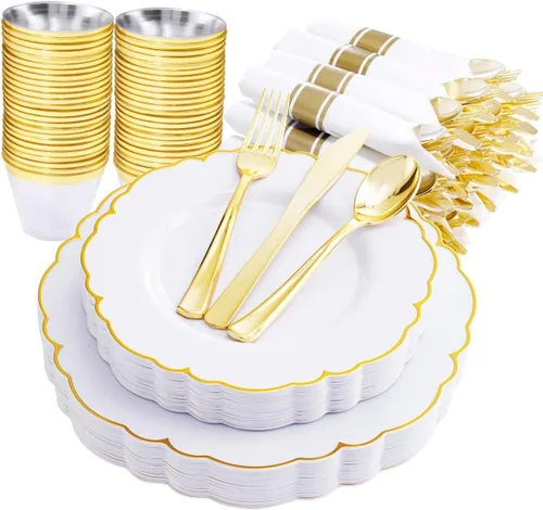 Miniatura 11 de Morejoy 175 platos de plástico rojo, platos desechables rojos con borde dorado, juego de vajilla de plástico rojo y dorado incluye: 50 platos, 25