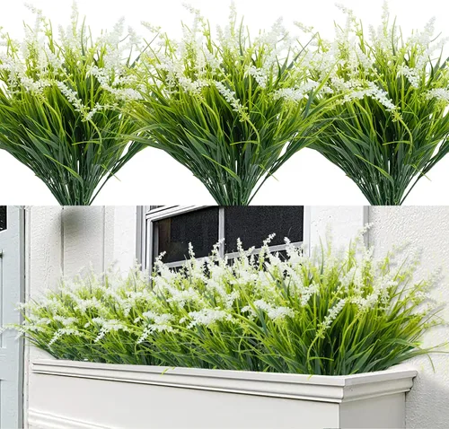 12 paquetes de plantas artificiales para exteriores, flores resistentes a los rayos UV, plantas de césped alto falsas, arbustos tropicales Blanco