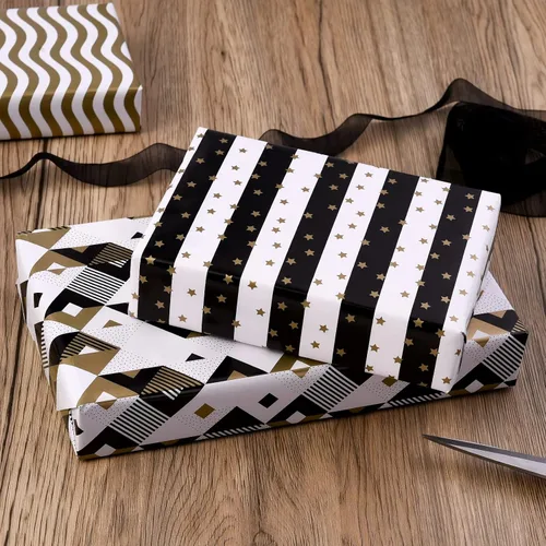 Miniatura 4 de Papel de regalo plegado negro, blanco y dorado, diseño mate, estrellas, rayas, ondulaciones, cuadros para cumpleaños, Navidad, graduaciones, bodas