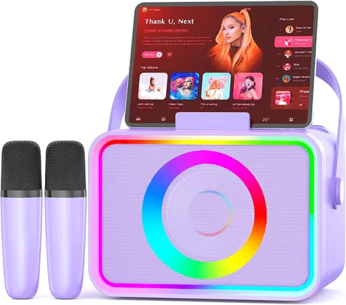 Miniatura 8 de Máquina de karaoke, altavoz Bluetooth portátil con 2 micrófonos inalámbricos para adultos y niños con luces LED, micrófono de karaoke, compatible